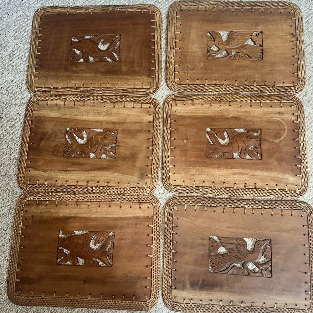 Vtg 60s Indonesian Placemats Hand Carved Birds Fish Wooden Wicker Set of 6‎